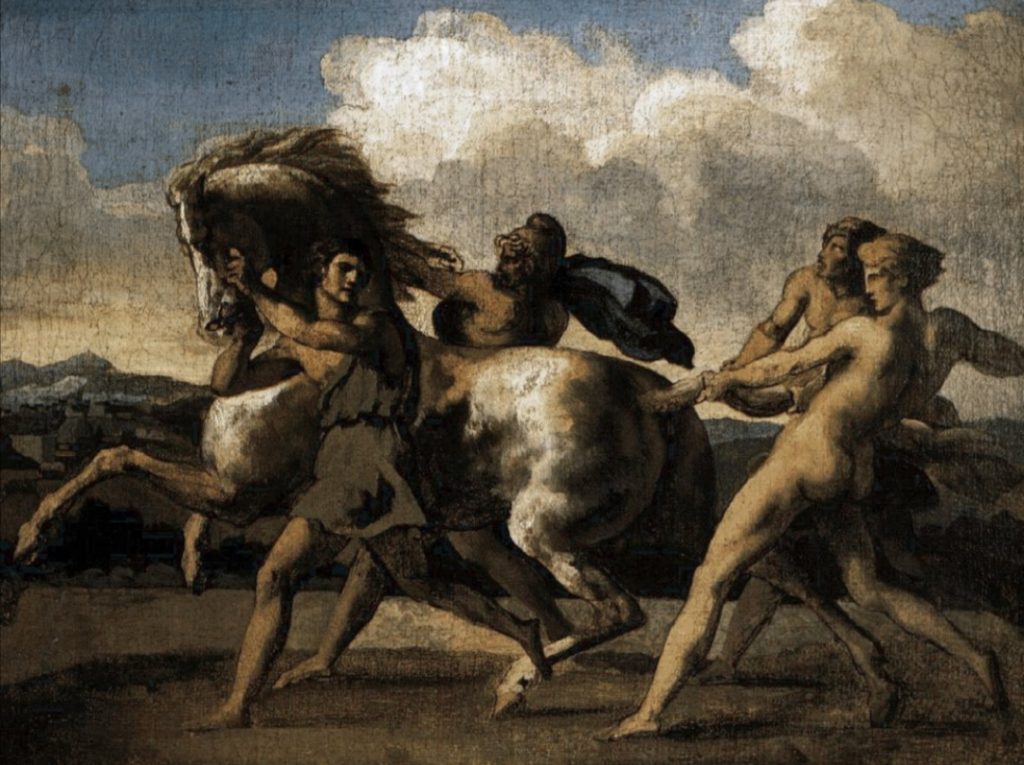 אילוף הסורר. תאודור ג'ריקו. צייר צרפתי. RaceOf Wild Horses In Rome 1817 by Theodore Gericault.  The Capture of a Wild Horse, 1817 מקור הציור ויקיפדיה.