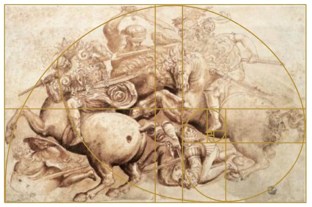 קרב אנגיארי" מאת לאונרדו דה וינצ'י. ועליו איור של חתך הזהב