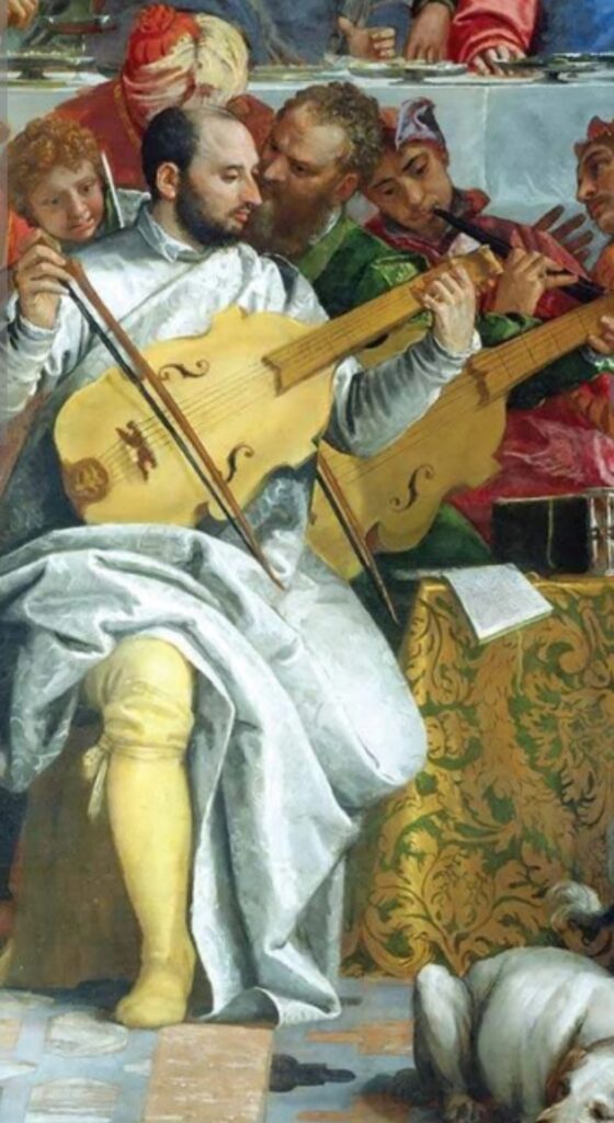 החתונה בקנה" (1563) של פאולו ורונזה היא דיוקן עצמי של האמן עצמו. אסכולה ונציאנית, ןצל יש צבע, למשל כחול.