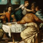  "ארוחת ערב באמאוס" (The Supper at Emmaus)- טינטורטו, ישוע הקם לתחייה מתגלה לשניים מתלמידיו בזמן סעודה, ברגע שהוא בוצע את הלחם. 1542