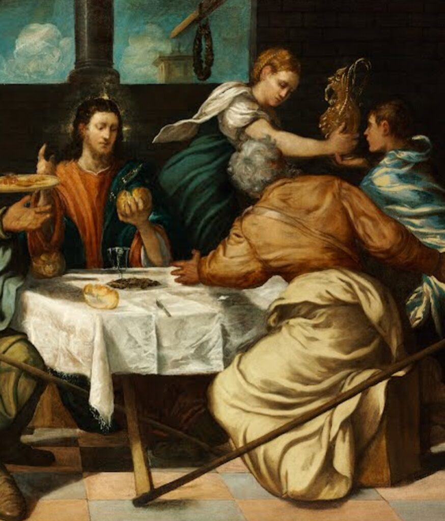 "ארוחת ערב באמאוס" (The Supper at Emmaus)- טינטורטו, ישוע הקם לתחייה מתגלה לשניים מתלמידיו בזמן סעודה, ברגע שהוא בוצע את הלחם. 1542